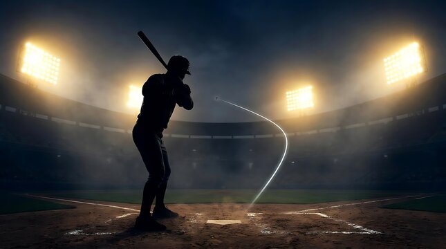 Baseball player silhouette batting under bright stadium lights.