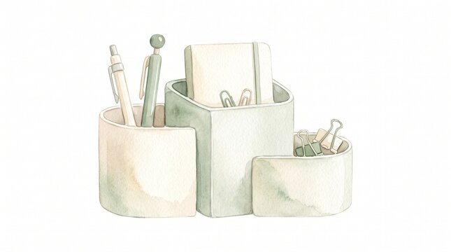 Minimalist Desk Organizer Watercolor Illustration, pastel office storage container isolated on white for workspace and business designs