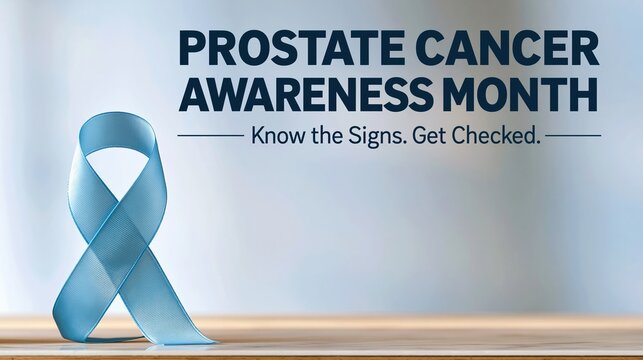 Banner for Prostate Cancer Awareness Month, light blue ribbon icon on the left side, "PROSTATE CANCER AWARENESS MONTH" subtitle text "Know the Signs. Get Checked."