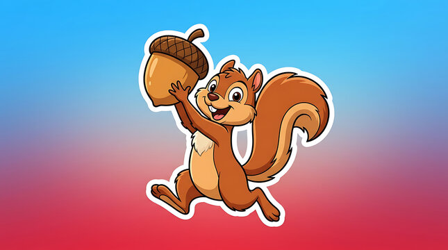 Playful squirrel character holding a large acorn, illustration for autumn and nature themes