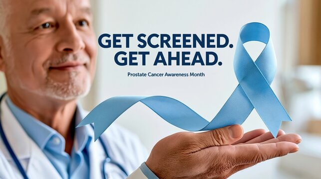 Banner composition of a doctor's hand holding a light blue ribbon against a clean clinical white background, text "GET SCREENED. GET AHEAD."small footer text "Prostate Cancer Awareness Month"