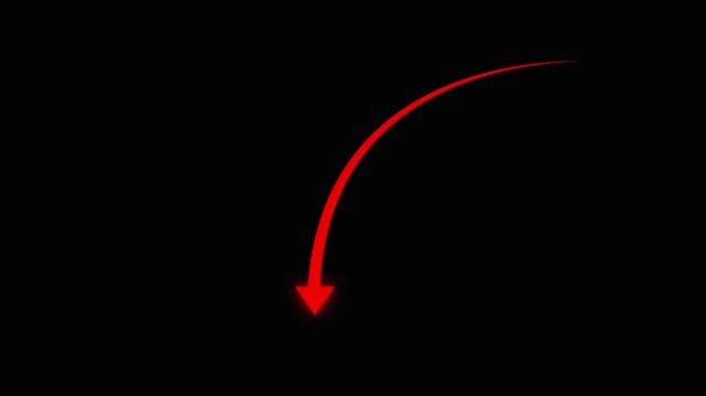 Red curved arrow pointing down animation with glowing tip animation on black background