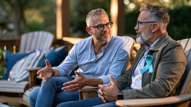 Prostate Cancer Awareness Month: a senior father and his adult son sitting together on a porch, having a warm supportive conversation, light blue awareness ribbon visible on the father's jacket