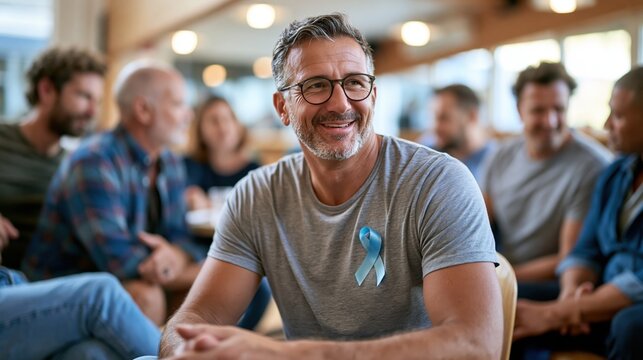 Prostate Cancer Awareness Month: a small support group of men of different ages sitting in a circle in a bright community center room, engaged in conversation