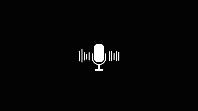 White microphone icon with animated audio waveform animation on black background..