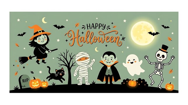 Cute cartoon halloween characters celebrating nighttime holiday with spooky festive decorations and full moon background scene with vampire ghost skeleton