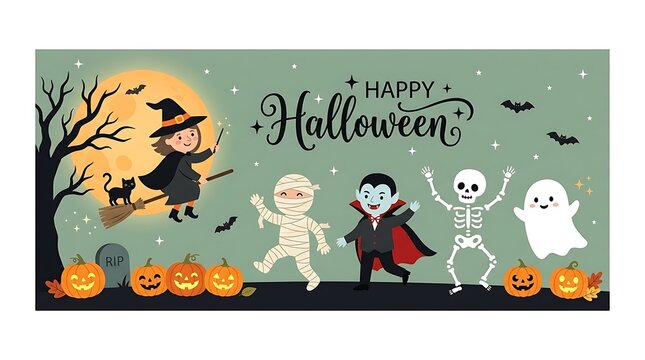 Cute cartoon halloween characters group celebrating festive night under moonlit sky with decorative pumpkins with displays collection adorable
