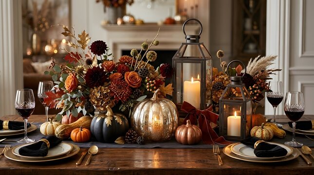 Elegant autumn table setting with pumpkins candles and floral arrangements for a festive occasion