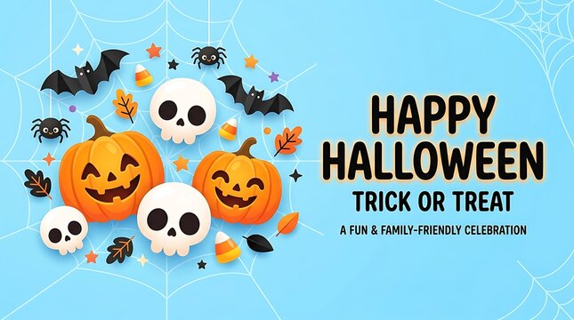 Happy halloween trick or treat seasonal greeting card design with displays festive Halloween background with spiders arranged light blue backdrop