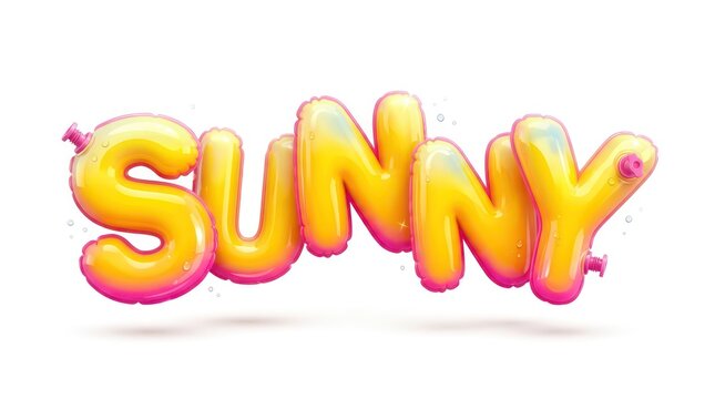 3D inflatable Sunny text with pool float style and water droplets on white