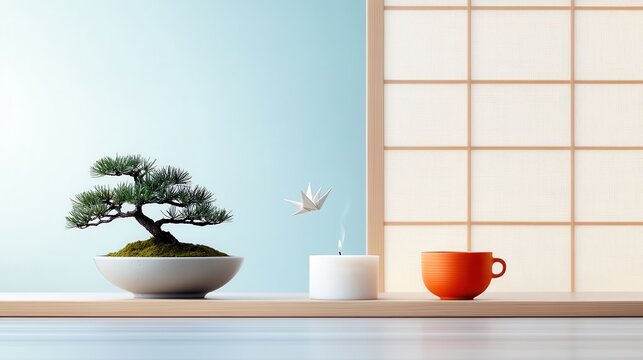Japandi living room with bonsai, origami crane, candle, and ceramic cup on wooden shelf