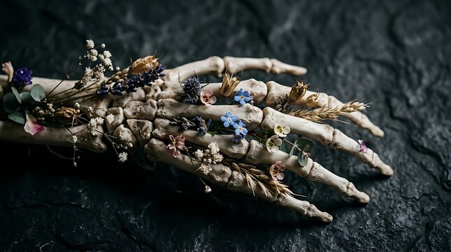 Skeleton hand decorated with dried flowers on dark stone surface symbolizing life and death concept for Halloween web hero background