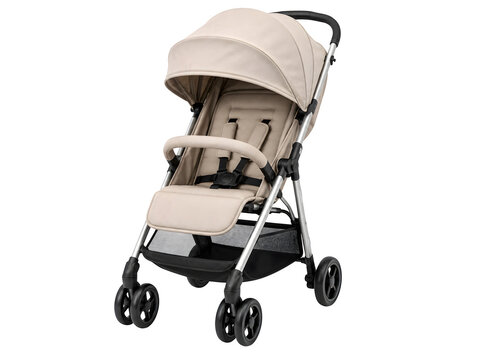 Modern beige baby stroller, compact infant pram, stylish toddler travel carriage isolated on Transparent Background