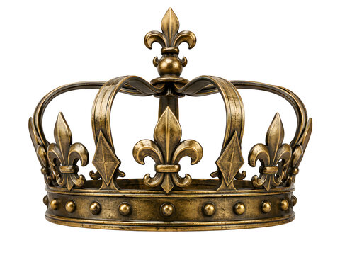 Vintage bronze royal crown, antique gold fleur de lis headpiece, majestic king regalia isolated on Transparent Background