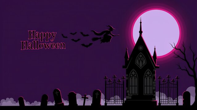 Happy halloween pixel art with a flying witch and a spooky haunted castle under a full moon