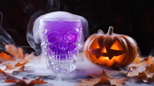 Halloween Skull Drink with Jack O Lantern and Smoke