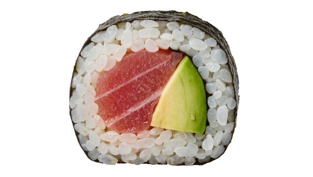 Fresh tuna and avocado sushi roll with nori and rice, isolated on transparent background