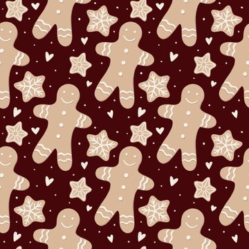 seamless christmas or Valentine&rsquo;s Day pattern with gingerbread man cookies on dark red background with hearts 