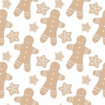 seamless pattern with gingerbread Christmas cookies on white background 