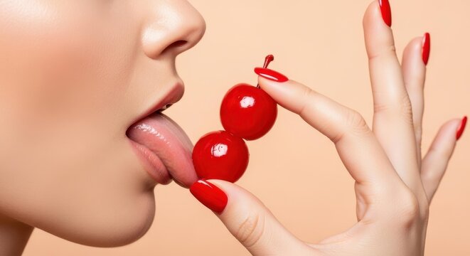 Woman licking a red cherry held by her fingers with red nail polish, cosmetic beauty concept with vibrant colors for skincare and fashion branding themes