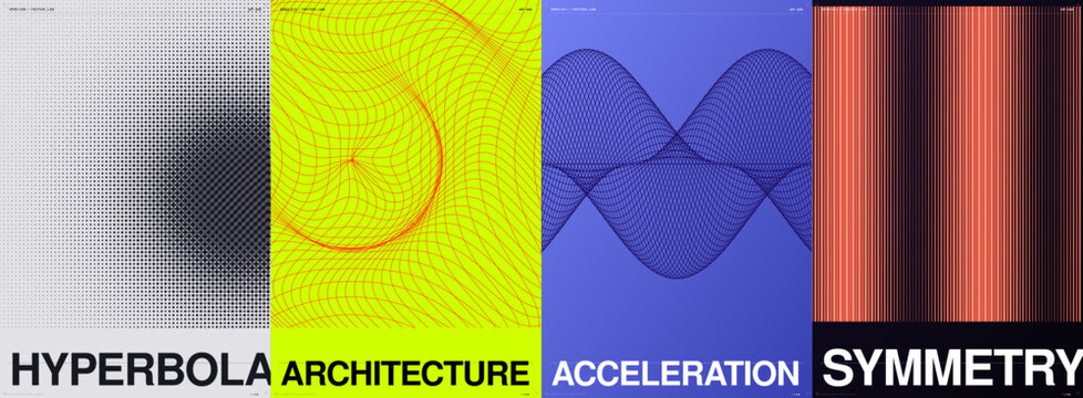 Hyperbola Architecture Acceleration Symmetry poster template set. 4 abstract geometric mathematical shapes. Colorful kinetic typography design for art and science exhibition.