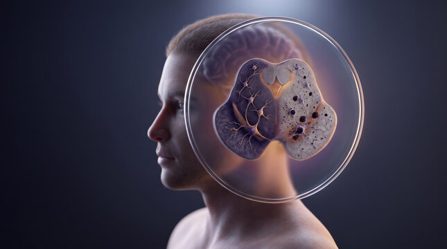 Alzheimers Disease Brain Health Neurodegeneration, medical illustration showing human brain with abnormal cellular changes and neural damage