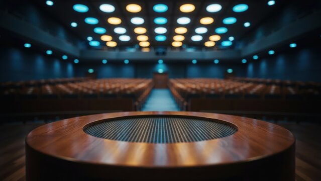 Empty modern auditorium with a close-up of the wooden podium and illuminated ceiling lights.