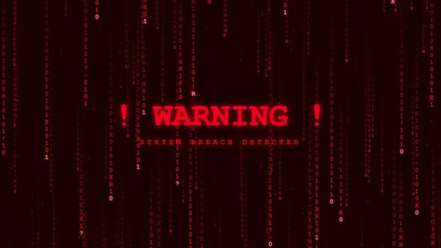 Red alert digital code rain with warning text overlay, cyber breach tech loop