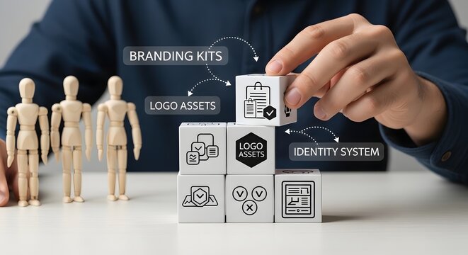 Branding Identity System Concept with Blocks, Logo Assets, and Mannequins for Business and Marketing Strategy