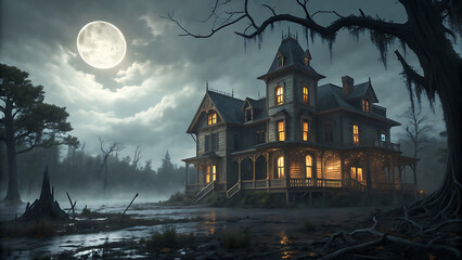 Obraz premium Haunted Victorian mansion at night with full moon and misty swamp landscape