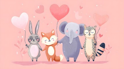 Naklejka premium Cute Hand Drawn Animal Characters Holding Pink Heart Shaped Balloons