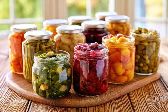 Sunlit kitchen holds vibrant jars of preserved vegetables