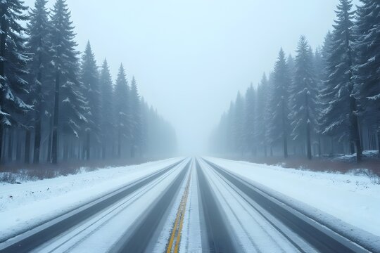 Empty Snow Covered Highway Disappearing Into Dense Fog Between Frosty Evergreen Trees