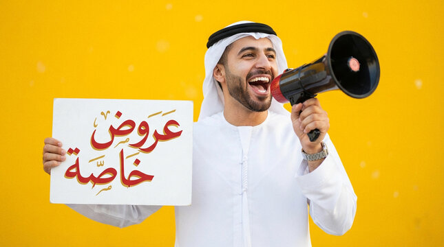 Excited Arab man in traditional ghutra showing promotional discount signs, white friday deals, ramadan offers, passport tickets, and megaphone announcements against a yellow background