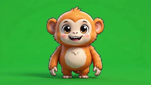 Adorable cartoon baby monkey with big eyes and a cheerful smile on a vibrant green background, perfect for children's content.