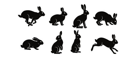 Fototapeta premium Collection of various rabbit poses depicted in a clean and minimalist black graphic design silhouette