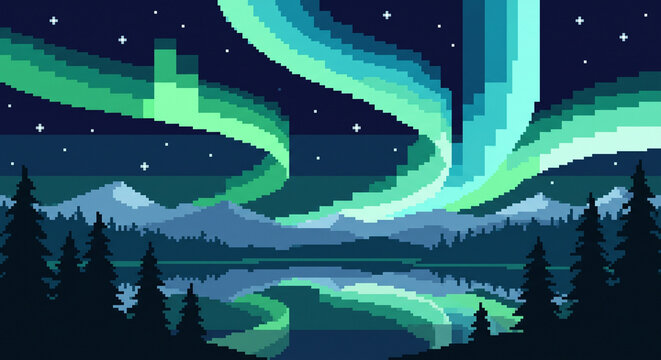 Pixel Art Northern Lights over Snowy Mountains, Pine Forest and Reflective Lake