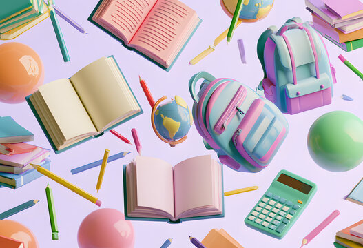 3D Back-to-school items feature a modern design. Educational patterns are on sale with promotions, posters, and flyers. Time to return to school