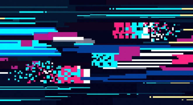Pixel Art Abstract Glitch Background with Neon Cyan and Pink Digital Distortion