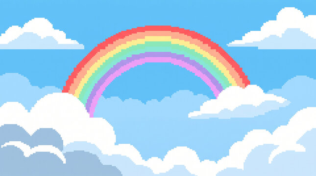 Pixel Art Colorful Rainbow among White Clouds in Bright Blue Sky
