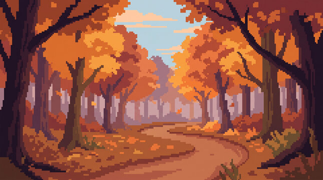 Pixel Art Autumn Forest Road with Orange Foliage and Falling Leaves
