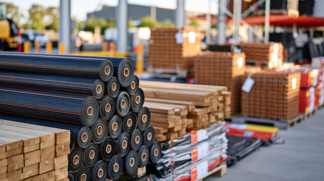 Construction materials warehouse corner with waterproofing rolls, roofing membranes, timber rafters and stacked roof tiles stored in different formats, authentic slightly cluttered inventory arrange