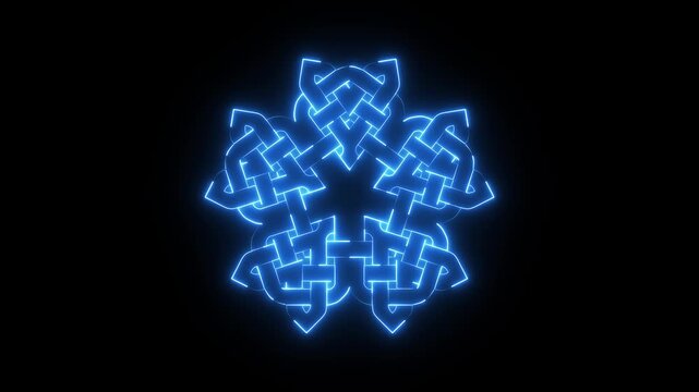 Glowing blue neon celtic knot pattern on black background