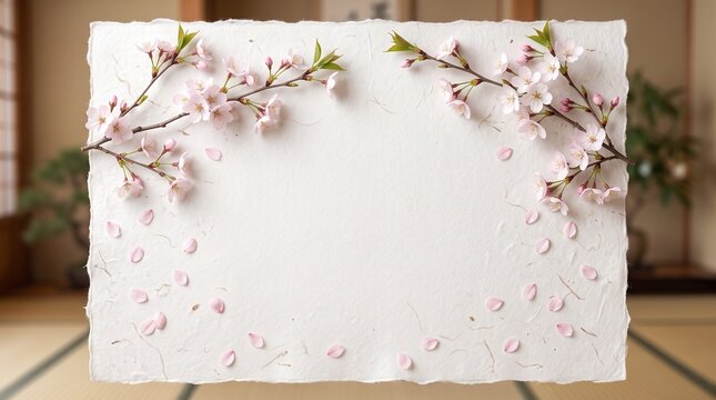 Japanese spring invitation card with pink cherry blossom sakura branches, mizuhiki knot, and handmade textured paper on wooden table