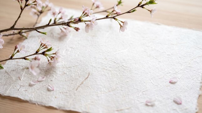 Japanese spring invitation card with pink cherry blossom sakura branches, mizuhiki knot, and handmade textured paper on wooden table