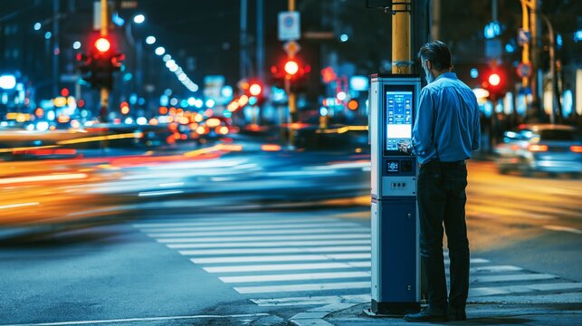 Man pauses beside a ticketing kiosk, viewing information on a screen while blurred vehicles rush past a crosswalk under the glow of urban streetlights