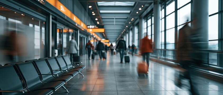The thrill of departure captured in motion travelers rush through a modern airport concourse, luggage in tow, beneath warm golden signage. Perfect for travel, aviation, and global mobility.