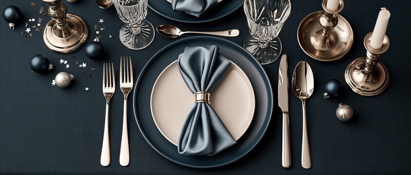 Sophisticated holiday dining scene for upscale event inspiration. Navy blue plates, gold cutlery, crystal glasses, folded napkin, star confetti, and ornaments set a glamorous festive mood.