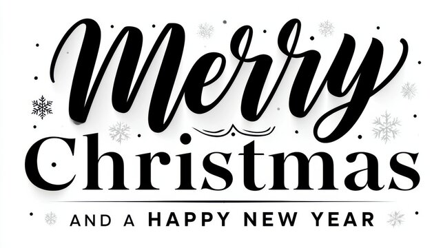 Merry Christmas and Happy New Year typography with snowflakes on white background