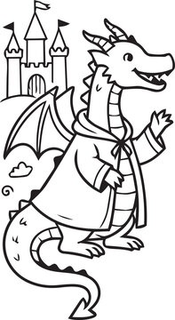 Cute Cartoon Dragon Wearing Robe in Front of Castle Line Art - Black and White Outline
